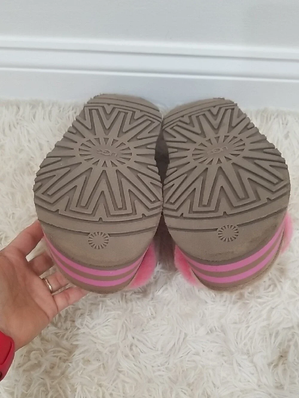 UGG Pink & Beige Fuzzy Platform Slide Sandals